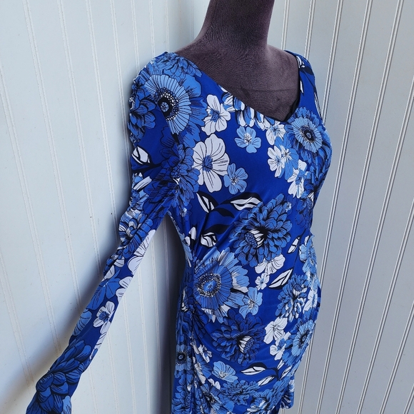 INC International Concepts Blue Black Stretch Floral Ruched Long Sleeve Dress L - Picture 5 of 13